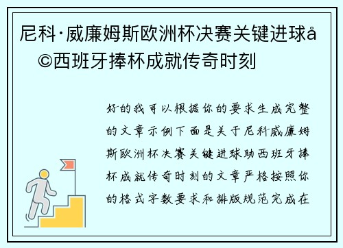 尼科·威廉姆斯欧洲杯决赛关键进球助西班牙捧杯成就传奇时刻